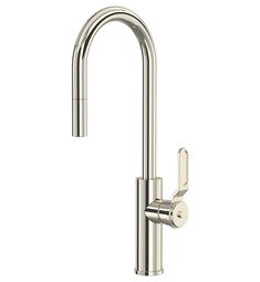 the kitchen faucet is shown in stainless steel and features a pull - out sprayer