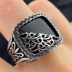 Ottoman style men ring,Onyx stone men ring,Mens Black Agate Ring, Handmade Statement Ring Weight : 15gr  925 Sterling Silver Thank you for looking at my shop. İt is a unique handmade item. If you have any questions please send me an e-mail. Our production time is 2 business day. All Sizes Available Just Tell me the size you need. Shipped with a special box. Important -925 Sterling silver and all other types of silver tarnish over time.how can we slow this down? -Contact with water: it is unlikel Cosmic Ring, Style Ottoman, Black Agate Ring, Ottoman Styling, Ring Mens, Men Ring, Mens Silver Rings, Agate Ring, Black Agate