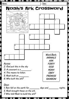 noah's ark crossword worksheet for kids to practice their reading skills