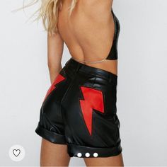 New With Tags Nasty Gal Faux Leather Lightning Bolt Bum Roll Hem Short Size 14 Summer Faux Leather Bottoms For Going Out, Edgy Short Bottoms For Going Out, Trendy Leather Shorts For Night Out, Leather Bottoms For Going Out In Summer, Punk Style Fitted Shorts For Night Out, Edgy Fitted Shorts For Going Out, Edgy Red Bottoms For Night Out, Fitted Leather Shorts For Party, Black Short Length Leather Pants For Night Out