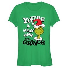 Welcome to the fantastical world of Dr. Seuss! Celebrate the most wonderful time of the year alongside the beloved childhood classic books and movies from every generation with fun new officially licensed apparel for the entire family! This Juniors' Dr. Seuss Christmas Grinch You're a Mean One Portrait Graphic T-Shirt features the text: "You're a mean one Mr. Grinch," with Grinch himself across the front. Get ready for the rhyming and whimsy of Seussville with these classic tees today! Christmas Grinch Tshirt, Grinch Christmas Shirts Zazzle, Christmas Tee Shirts Grinch, What Up Grinches Shirt, Grinch Graphic, Dr Seuss Shirt, Dr Seuss Christmas, Grinch Christmas Shirt Teepublic, Grinch Shirt