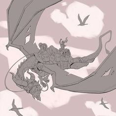 a drawing of a dragon flying through the sky with birds in the air behind it