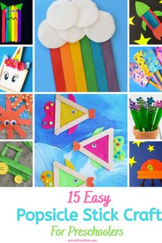 collage of popsicle stick crafts for preschoolers