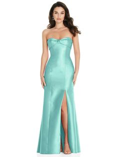 Show Off Your Shape In An Elegant Satin Twill Gown. A Trumpet Silhouette Creates A Dramatic Hourglass Silhouette, While A Strapless Neckline Is Adorned With A Bow Cuff That Draws The Eye And Adds Just The Right Touch Of Decoration To A Soft, Slitted Skirt. Shown In Coastal. Aqua Prom Dress, Cruise Dresses, Summer Prom Dress, Study Fashion, Dessy Bridesmaid Dresses, Strapless Silk Dress, Silk Prom Dress, Prom Dress Inspo, Independent Study