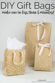 two brown bags with white polka dots on them and the words diy gift bags make one less than 5 minutes