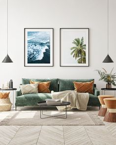 a living room filled with furniture and pictures on the wall above it's coffee table