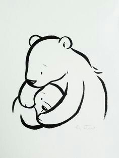 a black and white drawing of a bear with its head resting on his hands in the shape of a heart