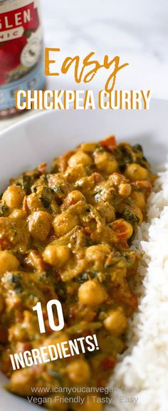 easy chickpea curry with white rice in a bowl