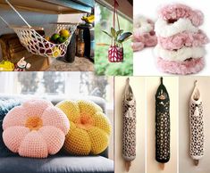 there are many different items in this collage, including crochet and knitted objects