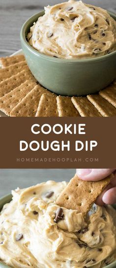 a bowl filled with cookie dough dip next to crackers