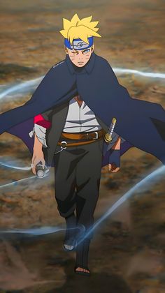 the young man is dressed up as naruta and holding two swords in his hands