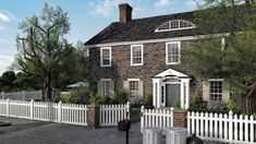 an artist's rendering of a brick house with white picket fence