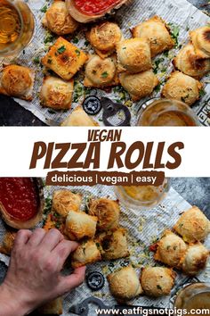 vegan pizza rolls with veggies and ketchup are on the table