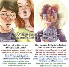 an image of two people hugging each other with text above them that reads harry potter and hermione moments that are in the books but not in the movies