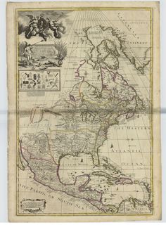 an old map of the united states and north america, with other countries in it