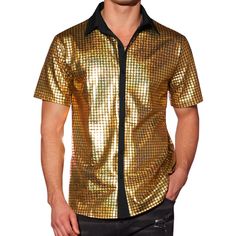 Experience the dazzling charm of metallic patterns, boasting short sleeves and a button-down silhouette designed for the ultimate party and nightclub revelry. These shirts exude an irresistible sheen and captivating glitter, making them impossible to overlook. Elevate your style and make a statement by donning these short-sleeved metallic button-down shirts. Their eye-catching charm is sure to set you apart from the crowd. For an effortlessly chic look, consider pairing these shiny disco shirts Fitted Short Sleeve Shirt For Party Season, Disco Style Shirt For Night Out In Summer, Disco Style Short Sleeve Summer Shirt, Disco Style Summer Shirt For Night Out, Summer Disco Style Short Sleeve Shirt, Summer Disco Shirt For Night Out, Fitted Gold Shirt For Summer, Party Season Short Sleeve Shirt, Party Short Sleeve Shirt