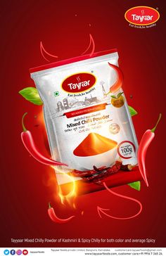 an advertisement for taylor's powdered chili powder on red background with green leaves