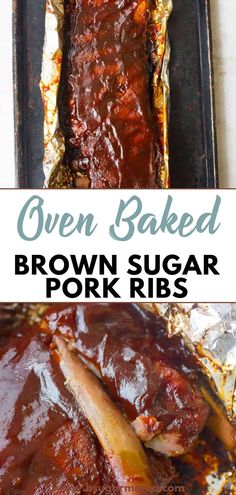 oven baked brown sugar pork ribs with bbq sauce on top and in the background