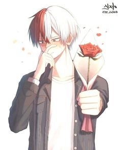 an anime character holding a rose in his hand