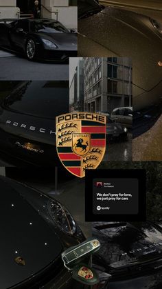 there are many different cars in this collage with the logo porsche on one side and the word porsche on the other