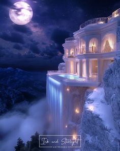 a large white building on top of a mountain under a full moon filled night sky