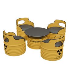 three yellow plastic barrels with black lids and one has a round table top in the middle