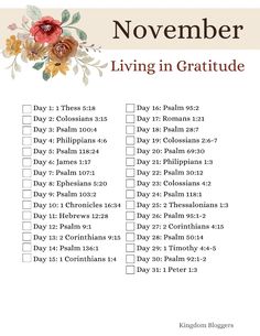 the november living in gratitude list is shown with flowers and leaves on it