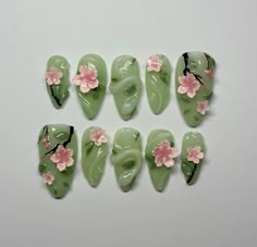 Green And Pink Nails Acrylic, Pear Nails, Almond Nails Designs Pink, Pink And Green Nail Art, Pink And Green Nails Design, Green Pink Nails, Green Nails Art, Pink Green Nails, Green And Pink Nails