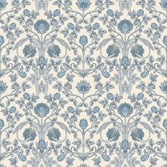 a blue and white wallpaper with flowers on it