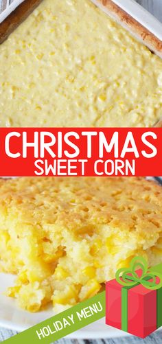 a close up of food on a plate near a box with the words christmas sweet corn