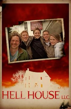 a group of people standing in front of a red and white sign that says hell house