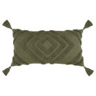 an olive green pillow with tassels on the front and back, sitting on a white background