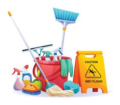 various cleaning supplies including brooms, mop and duster are shown in this illustration