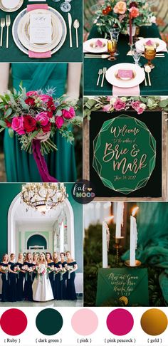 a collage of different color schemes for wedding and reception decors with pink, green,