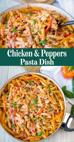 chicken and peppers pasta dish in a skillet with the title above it on top