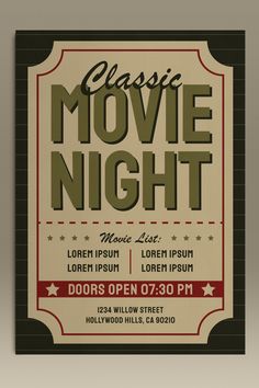 retro old vintage classic movie night event a4 poster design template design ideas by SSST! Graphic Movie Club Poster, Creative Movie Poster Design Ideas, Old Cinema Poster, Nostalgic Poster Design, Film Club Poster, Club Posters Design, Movie Night Graphic, Vintage Cinema Poster, Graphic Design Posters Event