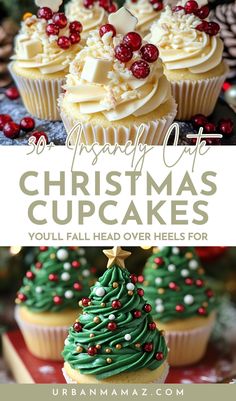 christmas cupcakes with green frosting and cranberries on top are shown