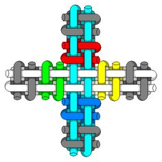 the cross is made up of many different colors and shapes, including an interlocked chain