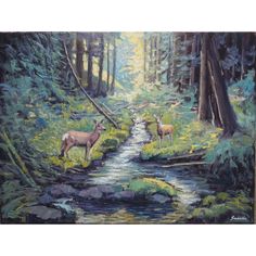 a painting of two deer by a stream in the woods with trees and grass on either side