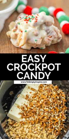 Easy crockpot candy in the slow cooker and a piece of candy on a wood cutting board with sprinkles. Almond Bark Candy Holiday Treats, Christmas Bark With Marshmallows, Easy Christmas Treats Crockpot, Ragtags Candy, Crockpot Christmas Cookies, 2 Ingredient Candy, Christmas Candy Recipes With Pretzels, Simple Christmas Sweet Treats, 3 Ingredient Peppermint Bark