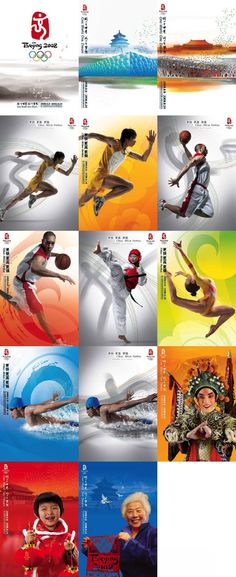 an advertisement for the olympic games is shown in many different colors and sizes, including red, white, blue, green, yellow