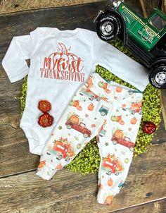 "These soft, stretchy, and so cozy joggers feature a fun truck, pumpkin print that is easy to coordinate with your favorite tops! Handmade in the USA from medium weight knit, ethically sourced and printed in the USA! Due to handmade nature of item, pattern placement may vary. Joggers feature yoga style waistband, no elastic. Carterssimply joys by carters bodysuit features \"My First Thanksgiving\" design in copper/pumpkin color. Care instructions: Hand wash or machine wash cold on gentle cycle w Casual Fall Playtime Bottoms, Casual Fall Bottoms For Playtime, Casual Pants For Playtime In Fall, Casual Pants For Fall Playtime, White Cargo Pants For Fall, Cotton Pants For Playtime In Fall, Cute Cotton Bottoms For Fall, Cute Fall Bottoms For Playtime, Cute Fall Playtime Bottoms