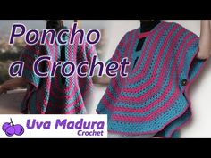 a woman wearing a pink and blue crochet poncho shawl with text overlay reading poncho a crochet