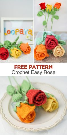 crochet flowers are shown on a plate with the words free pattern below them