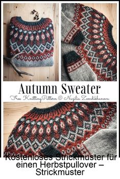 the knitting pattern for an autumn sweater is shown in two different colors and has been made with