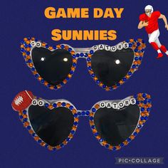 three heart shaped sunglasses with the words game day sunies on them and a football player running