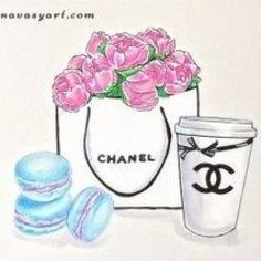 a chanel bag with pink roses and macaroni shells next to it on a white background