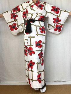 "A cute vintage Yukata Kimono dress from Japan.  Made of light cotton for warm summer days.  Wear this as a dress, robe, beach cover or dressing gown.  Sash sold separately. Fits a women's size S. MATERIAL:  100% Cotton.  Unlined. PATTERN:  Oversized flowers and lattice. Color:  White with black, red & yellow design. CONDITION:  Used vintage.  A few light stains (see photos). Sash NOT included. Kimono sash sold separately. My shop: https://kimonomemoirs.etsy.com. SIZE: Women's SMALL Kimono. (Model is 5'7\" wearing 1.5\" platform sandal) Wingspan- 49 inch (124.5 cm) across the top, sleeve end to sleeve end. Length- 57.5 inch (146 cm) from neckline to bottom of robe. Sleeve length- 17.5 inch (45 cm) from top to bottom of sleeve. Width- 22 inch (56 cm) measured arm-pit to arm-pit across the b Traditional White Printed Kimono, Traditional Fitted Beach Kimono, Fitted Long Printed Kimono, White Long Vintage Kimono, Long White Vintage Kimono, Vintage Fitted Kimono With Kimono Sleeves, White Yukata, Yukata Women, Japanese Wedding Dress