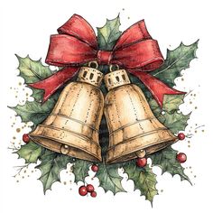 a drawing of two bells with holly leaves and a red bow on the top one