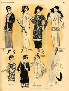 Delineator, December 1923 - Black & White 20’s Fashion, 1920s Outfits, 1920's Fashion, 1920 Fashion, Fashion Illustration Vintage, 20th Century Fashion, Vintage Dress Patterns